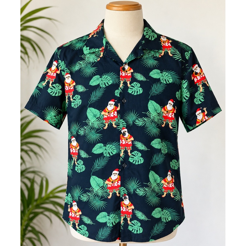 Denim & Flower Ricky Singh Mens Small Navy Surfing Santa Tropical Holiday Shirt
